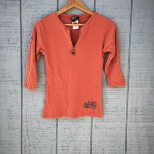 y2k Harley Baby Tee 1/4 Zip Cotton Harker Heights sz S Orange Biker Chic Sexy